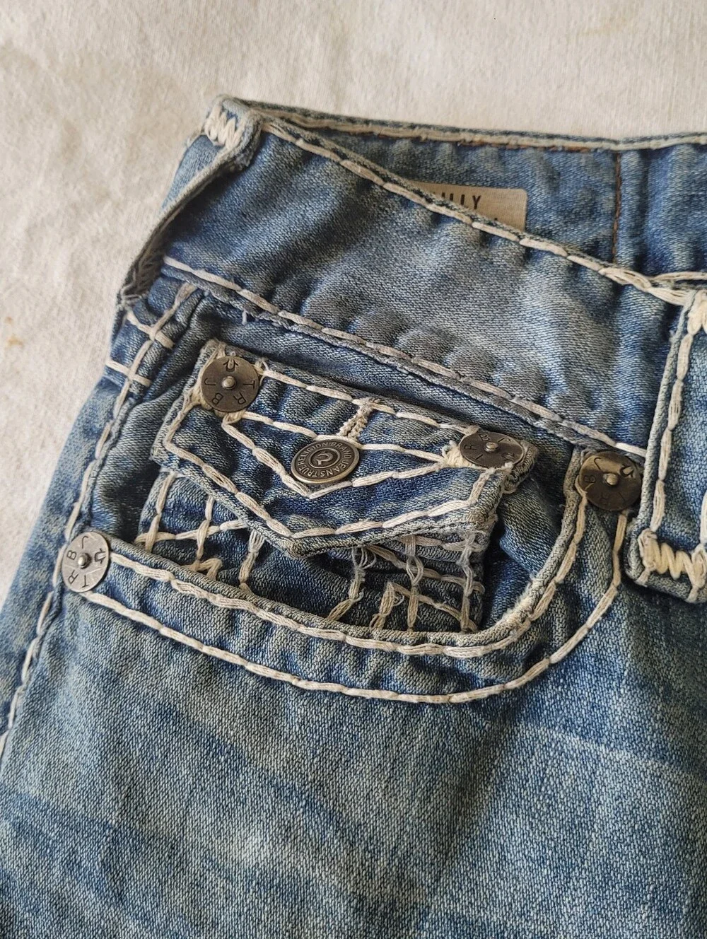 TRUE RELIGION Billy Relaxed Bootcut Flap Blue Denim Size 28 Western Cowboy Rodeo